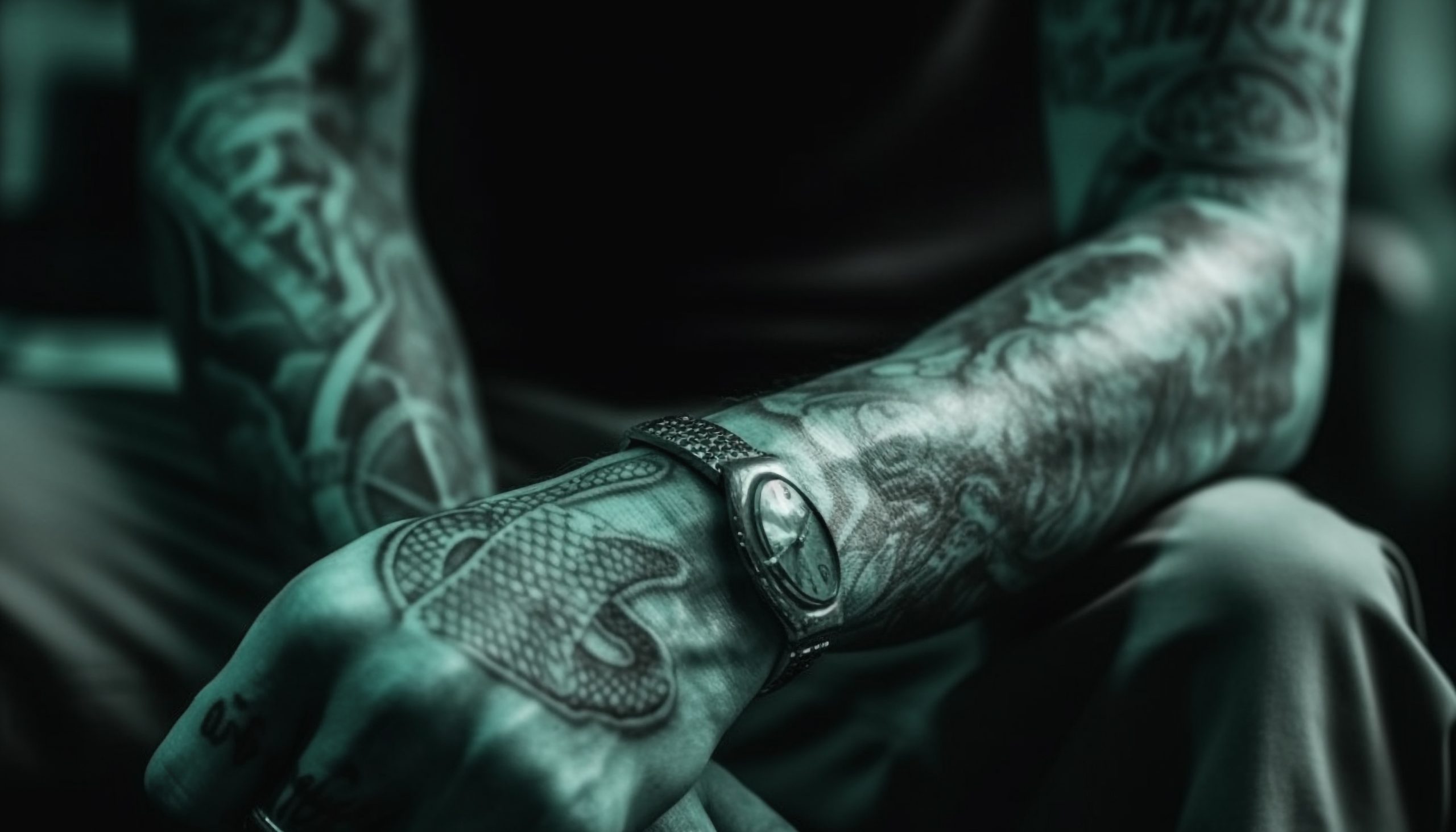Tattooed man sitting, holding pattern with confidence generated by AI