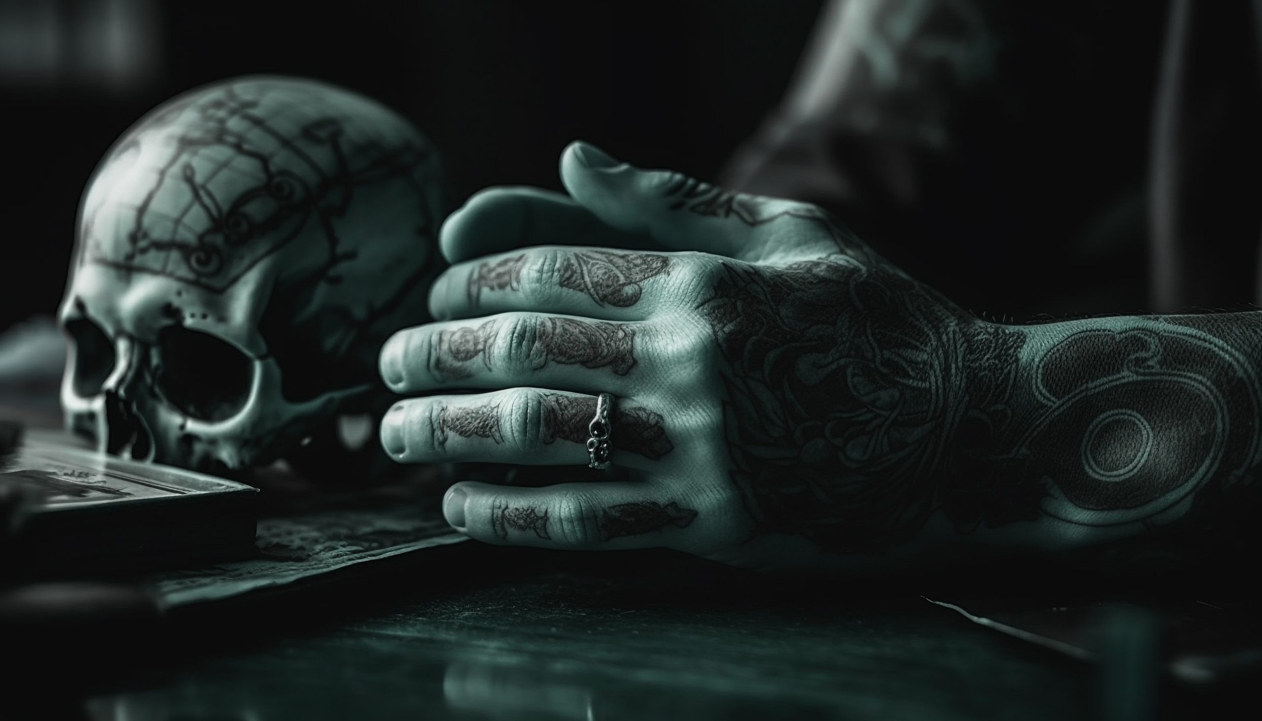Dark tattooed hand designs spooky Halloween decoration generated by AI