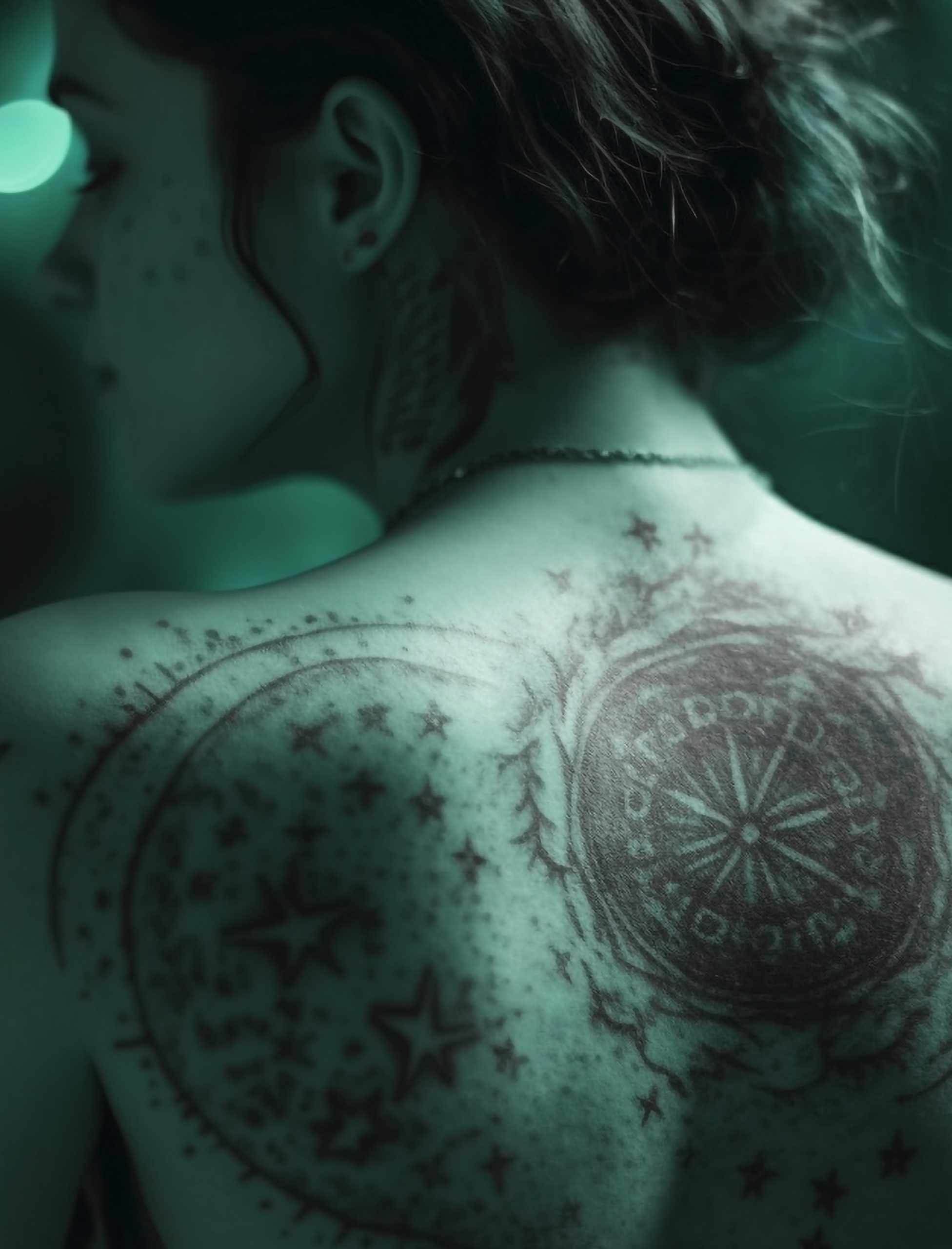 Naked young woman tattooing her shoulder outdoors generated by AI